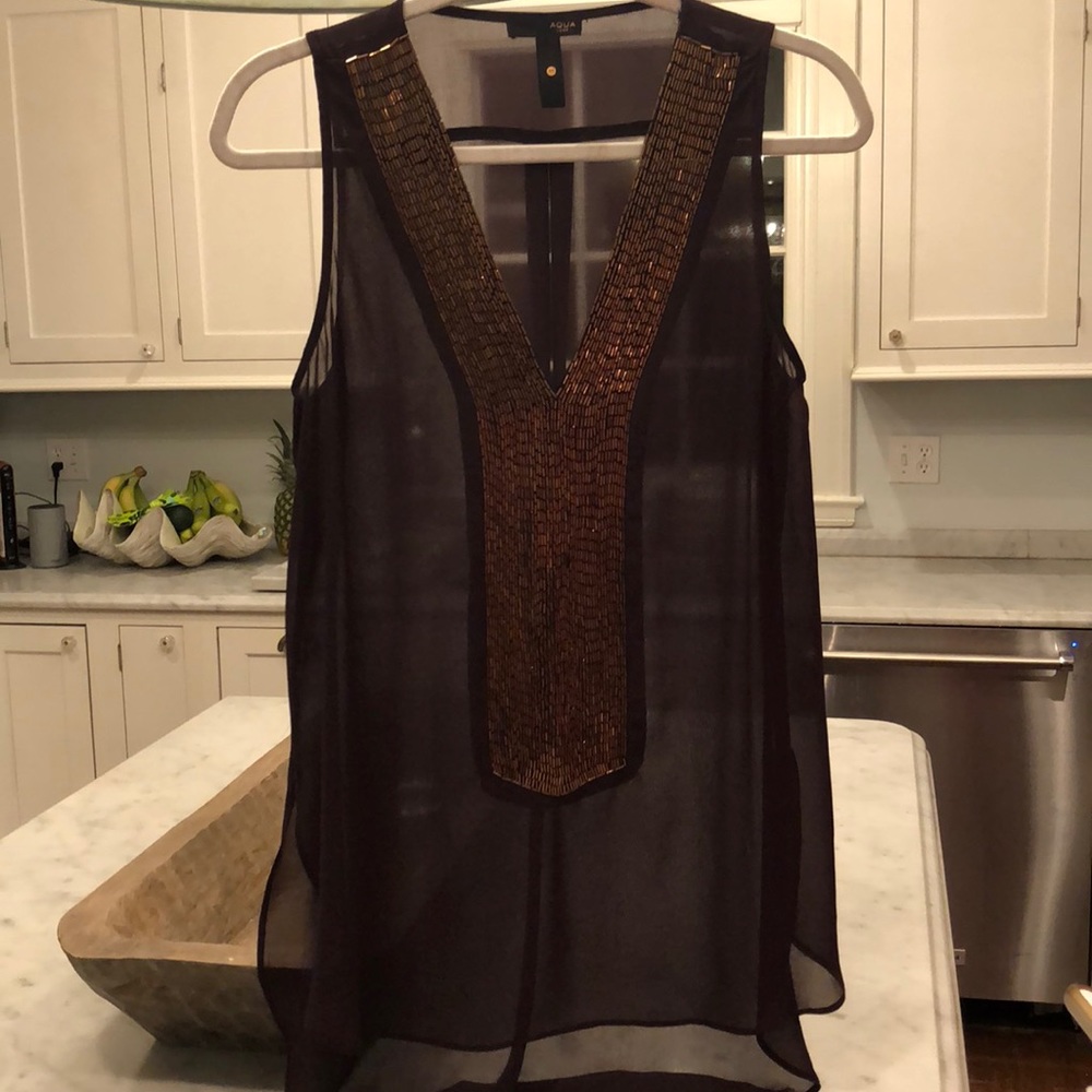 Aqua luxe blouse- beaded sleeveless high low